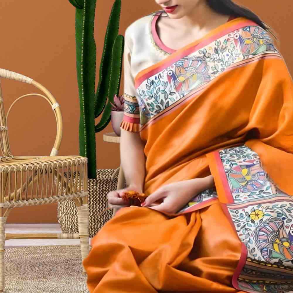 Tussar Saree with Madhubani Bride, Doli, and Kaahar Painting